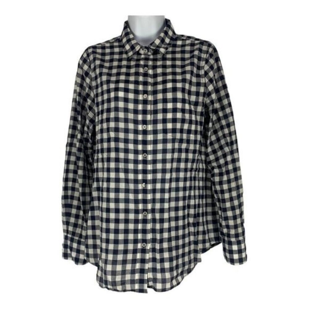 J.Crew Boy Fit Navy & White Gingham Button-Up Shirt 100% Cotton Size Medium